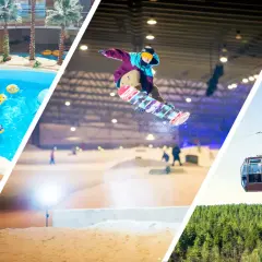 Kolejka linowa w Druskiennikach, snowboardzista w powietrzu i basen z palmami.