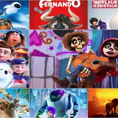 Kolaż z postaciami z filmów animowanych, idealny dla dzieci 7 lat: WALL-E, Ferdinand, Wielka Szóstka, Coco, Ron Usterka, Madagaskar, Król Lew.