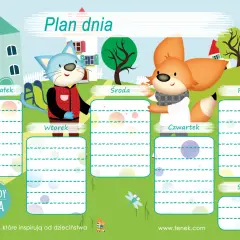 Plan dnia dla dziecka z kotkiem i liskiem. Pomaga zaplanować tydzień od poniedziałku do soboty.