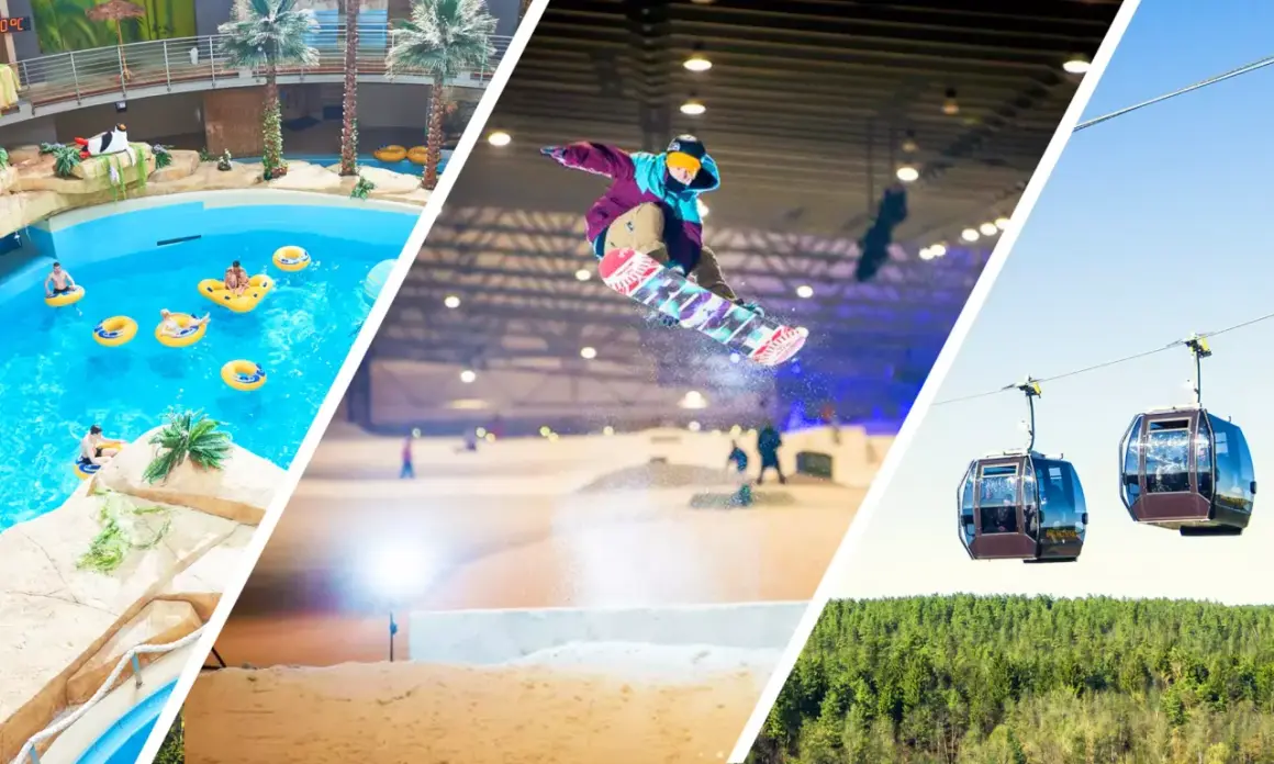 Kolejka linowa w Druskiennikach, snowboardzista w powietrzu i basen z palmami.