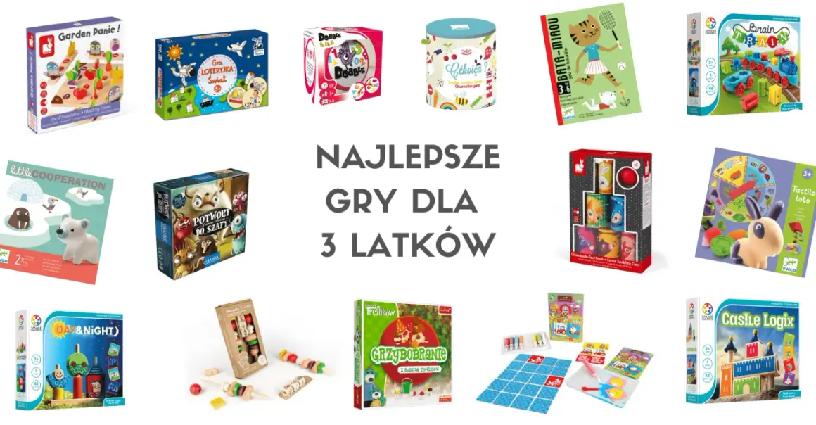 Kolekcja gier dla 3 latków: Garden Panic, Loteryjka Świat, Dobble, Cékouiça?, Bata-Miaou, Brain Train, Little Cooperation, Potwory do szafy, Chamboule-Tout, Tactilo Loto, Day & Night, Grill Party, Grzybobranie, Castle Logix.