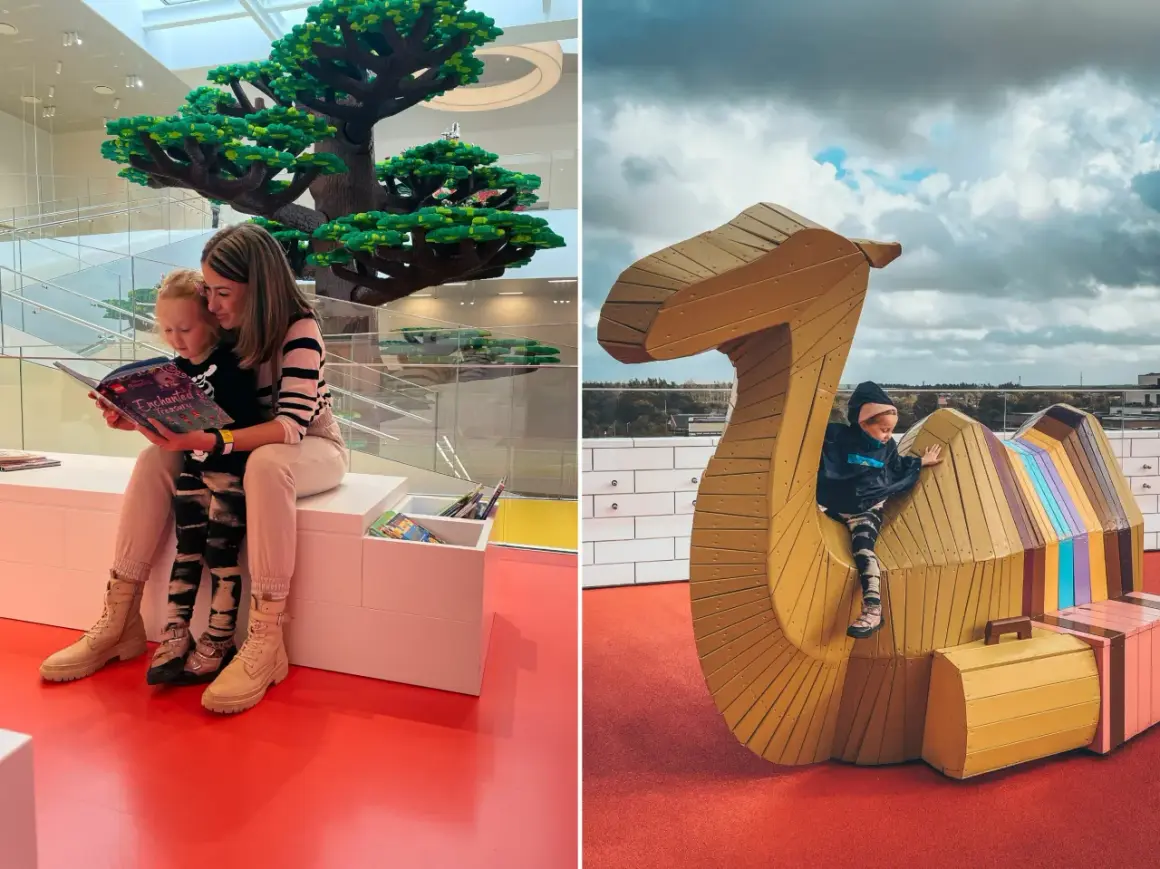 Dzieci bawią się w Lego House w Danii. Na lewo mama czyta książkę dziecku pod wielkim drzewem z klocków. Na prawo dziecko wspina się na wielbłąda z klocków.