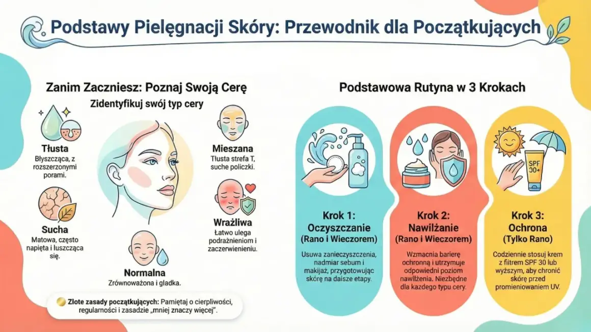 Przewodnik po podstawach pielęgnacji skóry dla początkujących, z poradami dotyczącymi rozpoznawania typów cery i rutyny pielęgnacyjnej. Idealny dla nastolatków chłopców szukających kosmetyków.