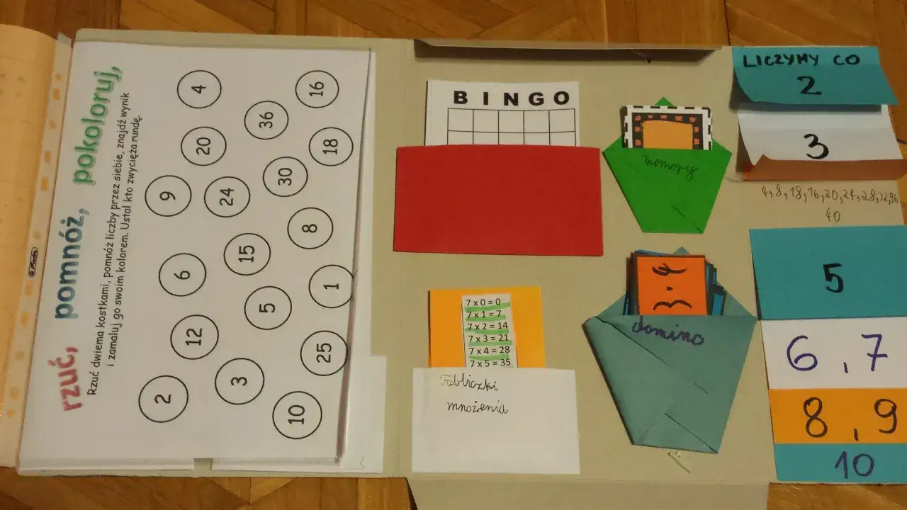 Lapbook jak zrobić: gry matematyczne, Bingo, Memory, zadania z mnożenia i liczenia.