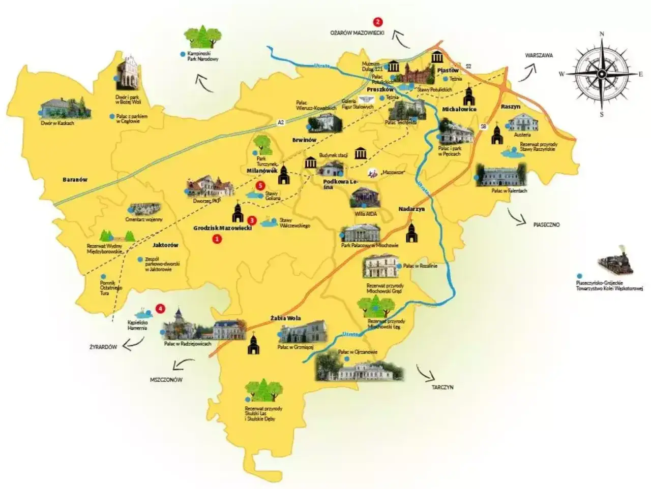 Mapa atrakcji Mazowsza. Odkryj polsko-węgierski historyczny plac zabaw pełen pałaców, parków i rezerwatów.