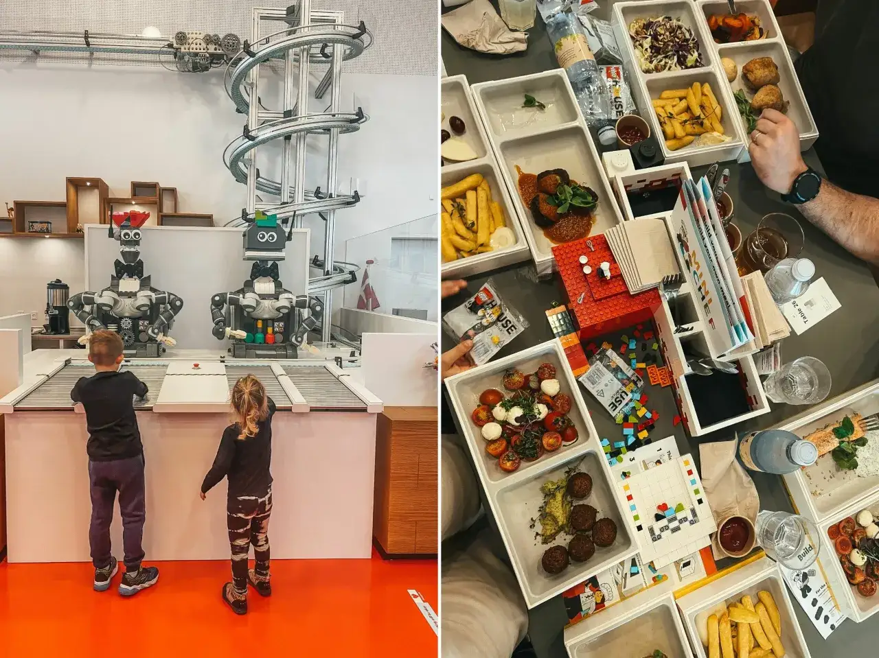 Dzieci obserwują roboty w LEGO House w Danii. Na stole jedzenie i klocki LEGO.