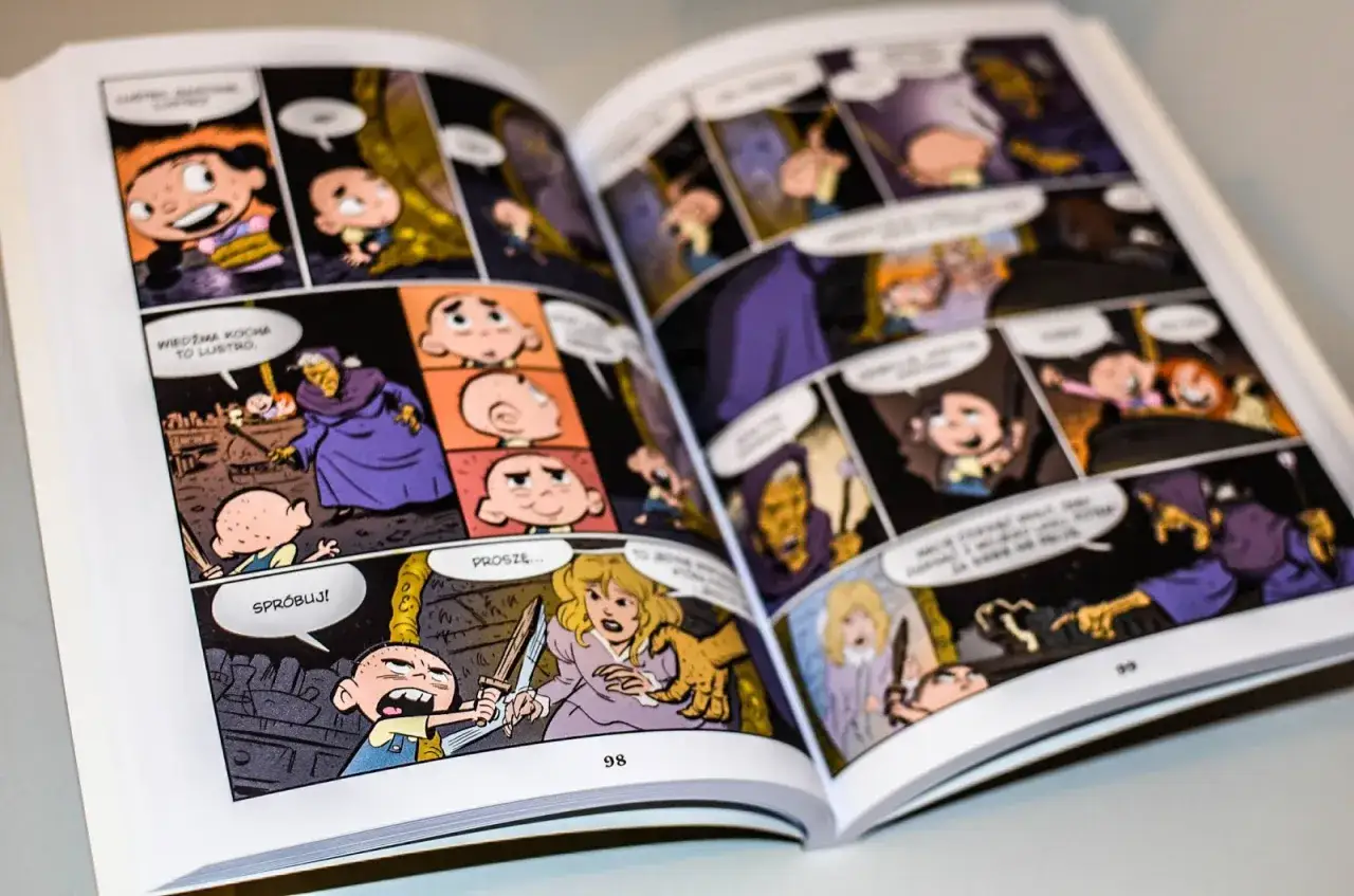 Otwarta księga z kolorowym komiksem dla 8 latka. Dzieci i czarownica w magicznej przygodzie.
