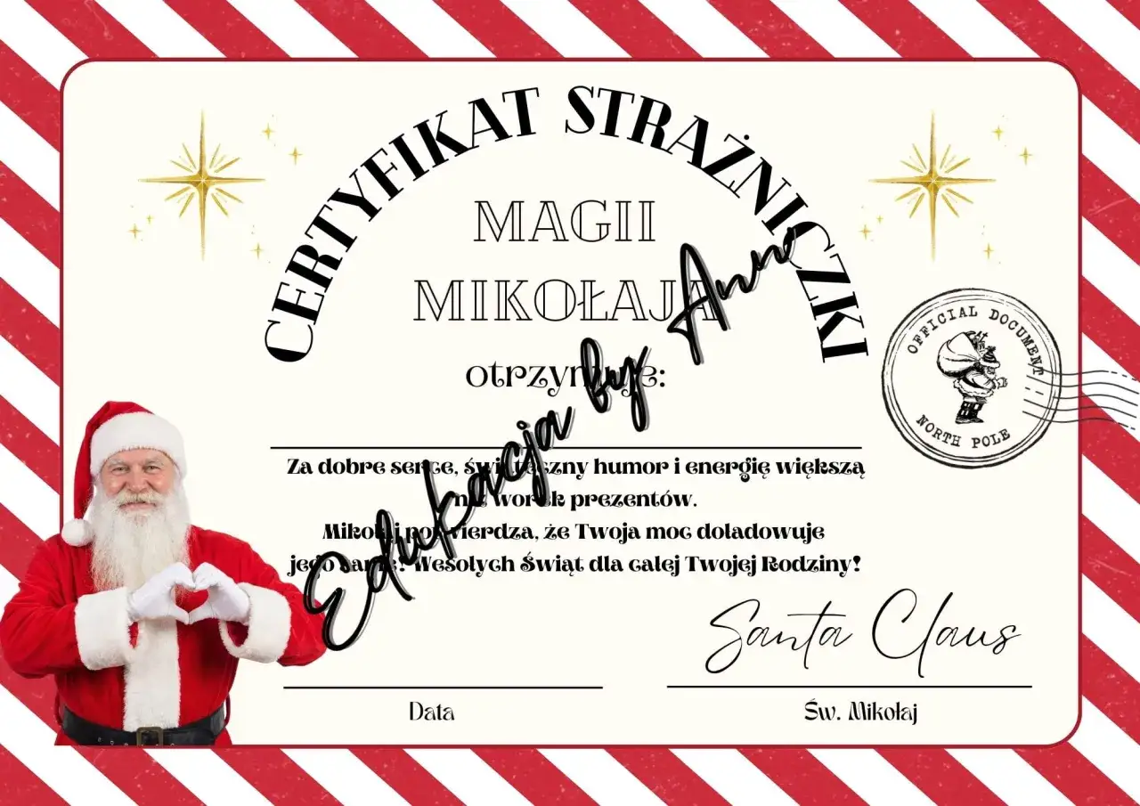 Certyfikat Strażnika Magii Mikołaja dla dzieci. Uśmiechnięty Święty Mikołaj z sercem z dłoni.